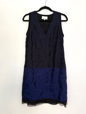 3.1 Phillip Lim Silk Lace Shift Dress Blue Black Colorblock Sleeveless Size 4